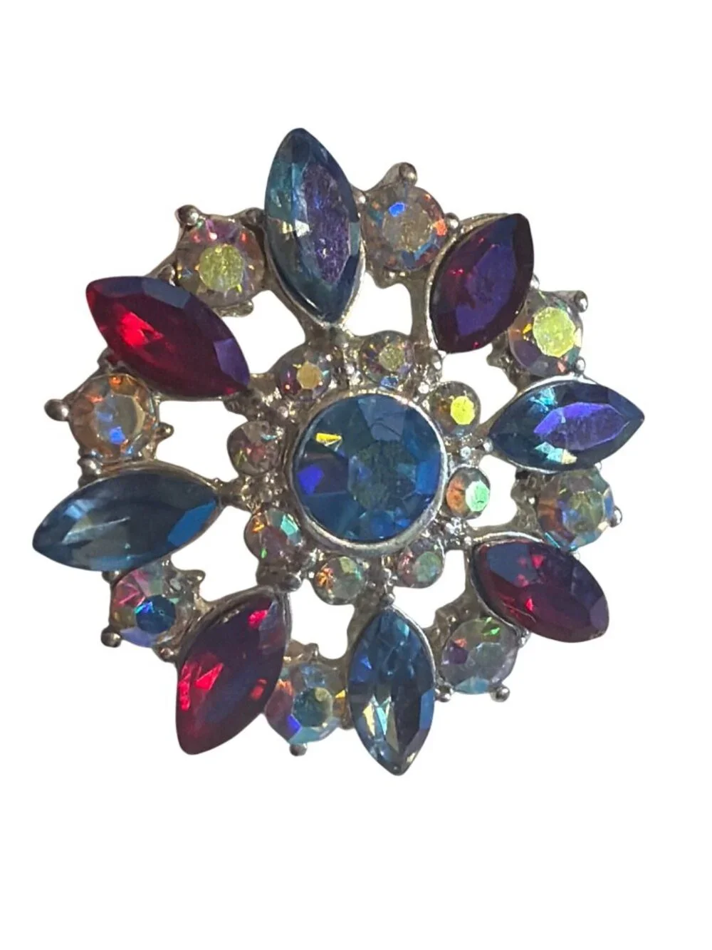 Silver Tone Round Earrings Openwork Clear Blue Red Aurora Borealis Rhinestones